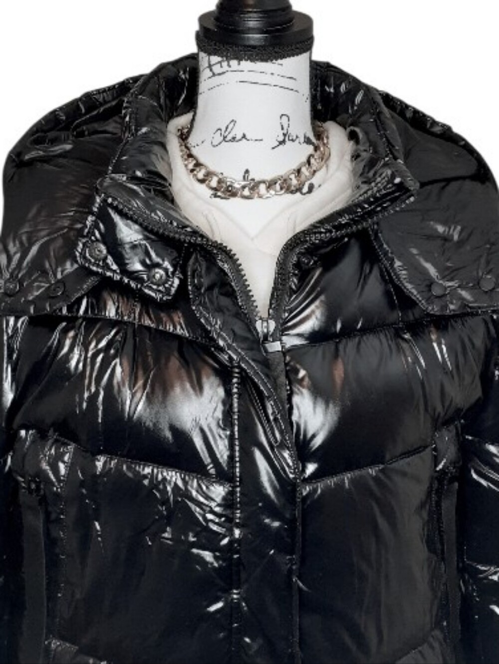 GUC Kensie Black Puffer Jacket With Hood Wet Look Glossy